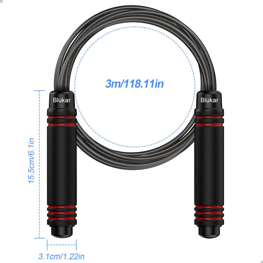 Blukar Corde à Sauter, Speed Jump Rope Réglable pour Hommes & Femmes, Roulements à Billes en Acier, Poignées Antidérapantes en Mousse, Câble en Acier pour Fitness, Crossfit, Sport, Boxe, GYM -3M